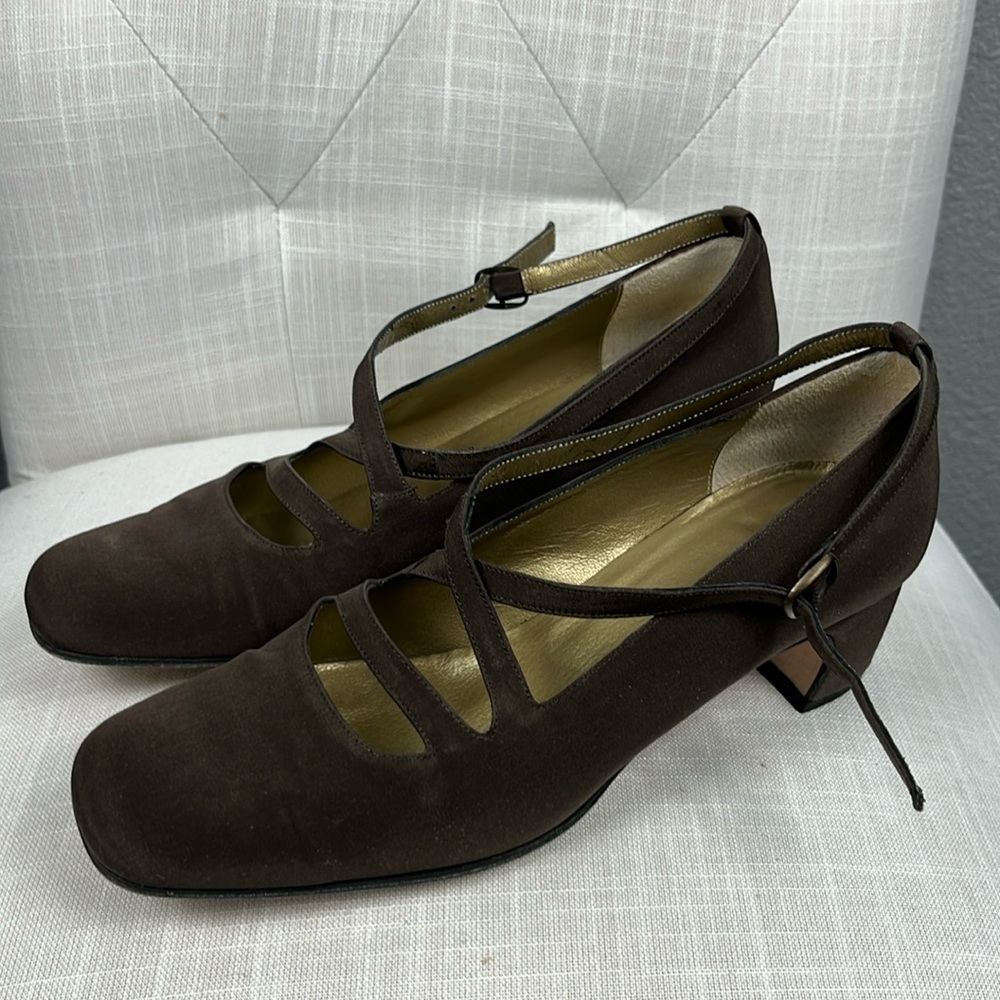 Vintage Yves Saint Laurent Suede Leather Brown Block Heel Pumps Size 6.5M EUC
